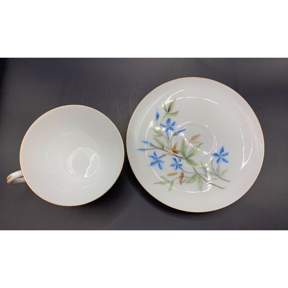 Vintage J P Limoges France Teacup Saucer Gold Trim Blue Flowers Replacement - Picture 5 of 8